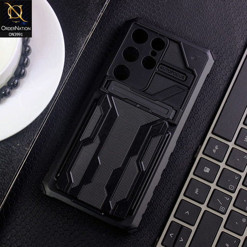 Samsung Galaxy S23 Ultra 5G Cover - Black - Hybrid Series Soft Borders Semi Hard Back Shock Proof Kick Stand Case With Card Holder
