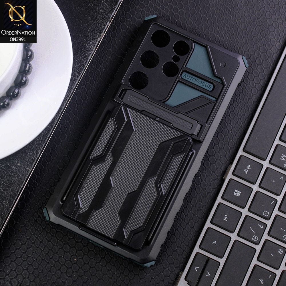 Samsung Galaxy S23 Ultra 5G Cover - Green - Hybrid Series Soft Borders Semi Hard Back Shock Proof Kick Stand Case With Card Holder