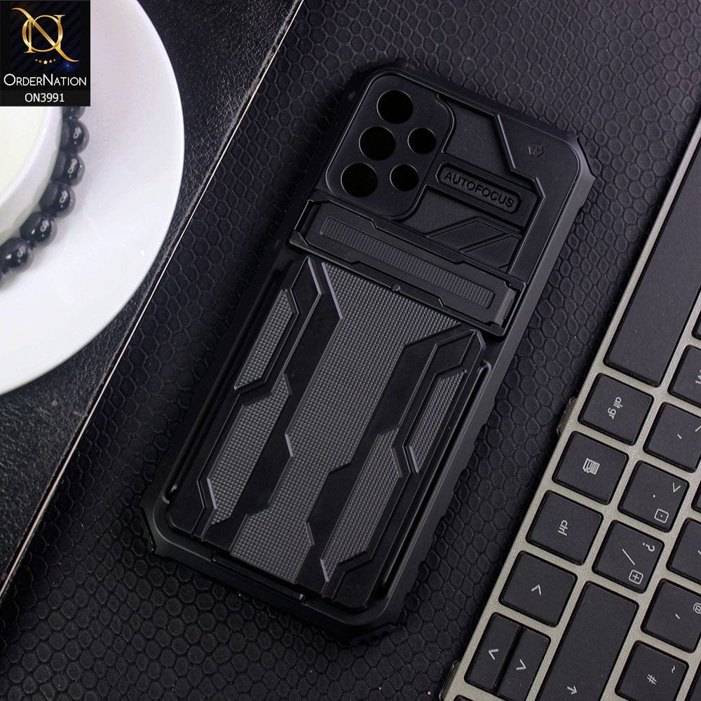 Samsung Galaxy A32 Cover - Black - Hybrid Series Soft Borders Semi Hard Back Shock Proof Kick Stand Case With Card Holder