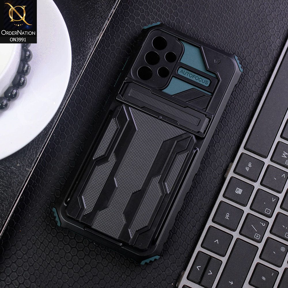 Samsung Galaxy A32 Cover - Green - Hybrid Series Soft Borders Semi Hard Back Shock Proof Kick Stand Case With Card Holder