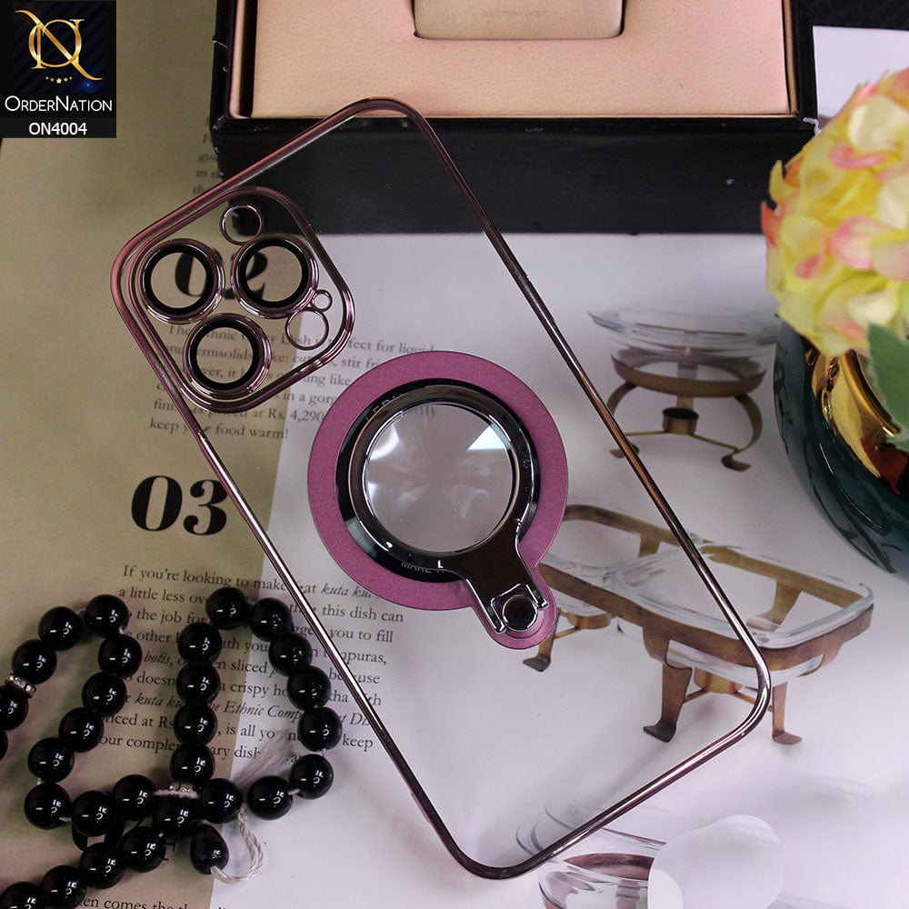 iPhone 14 Pro Max Cover - Rose Gold - New Luxuary Metal Holding Stand Camera Lense Protective MagSafe Case (Magsafe Notification Enabled)