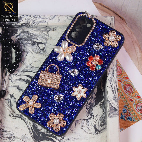 Samsung Galaxy M02s Cover - Blue - New Bling Bling Sparkle 3D Flowers Shiny Glitter Texture Protective Case