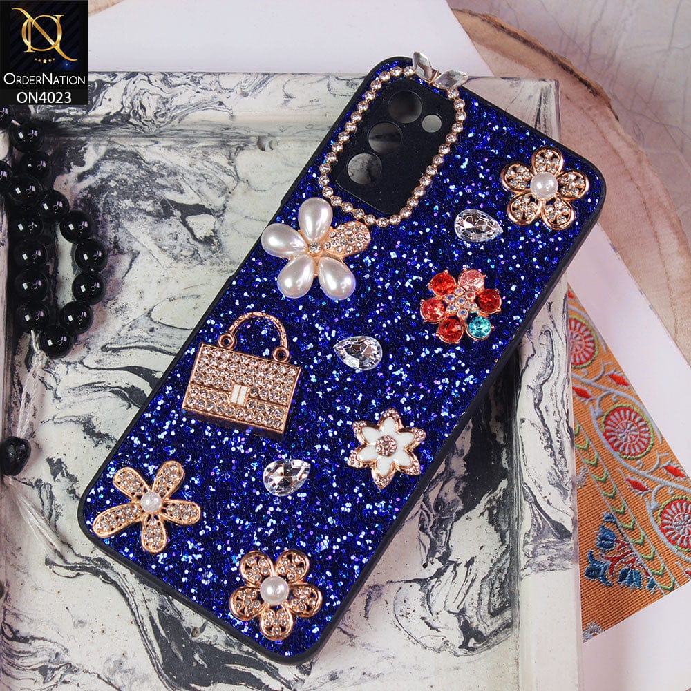 Samsung Galaxy A03s Cover - Blue - New Bling Bling Sparkle 3D Flowers Shiny Glitter Texture Protective Case
