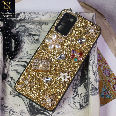 Samsung Galaxy M02s Cover - Golden - New Bling Bling Sparkle 3D Flowers Shiny Glitter Texture Protective Case