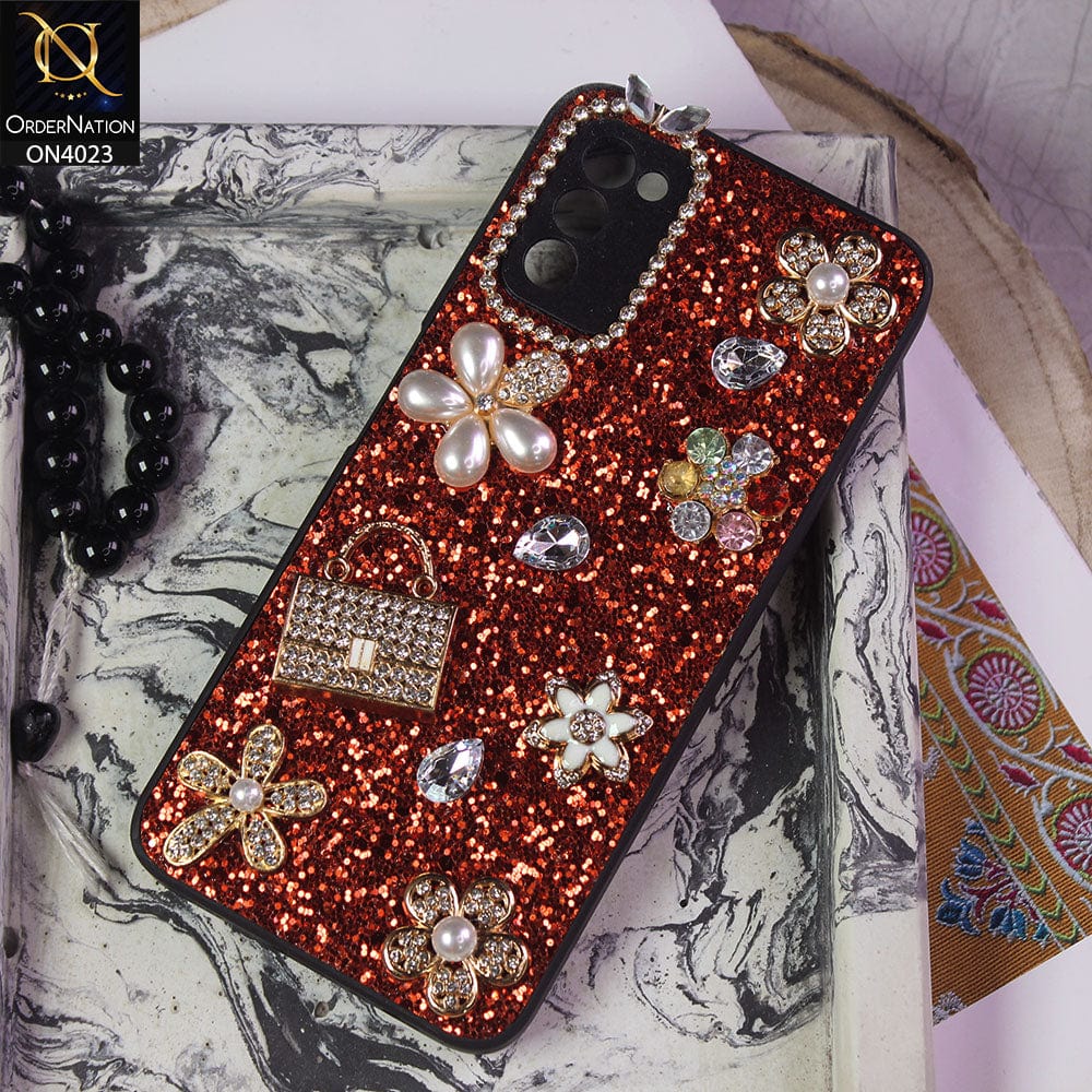 Samsung Galaxy A03s Cover - Red - New Bling Bling Sparkle 3D Flowers Shiny Glitter Texture Protective Case