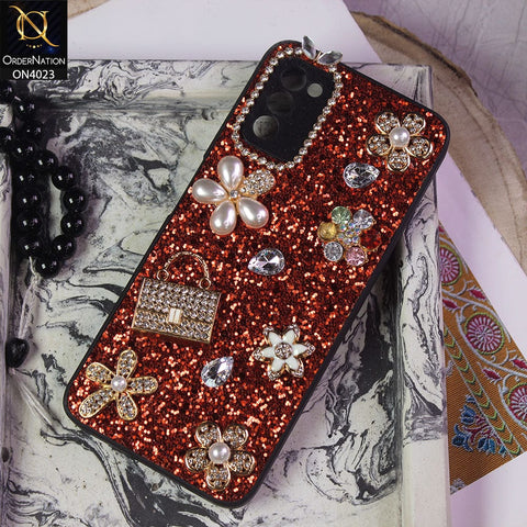 Samsung Galaxy M02s Cover - Red - New Bling Bling Sparkle 3D Flowers Shiny Glitter Texture Protective Case