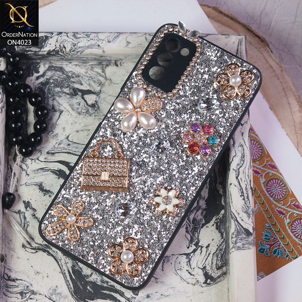 Samsung Galaxy M02s Cover - Silver - New Bling Bling Sparkle 3D Flowers Shiny Glitter Texture Protective Case