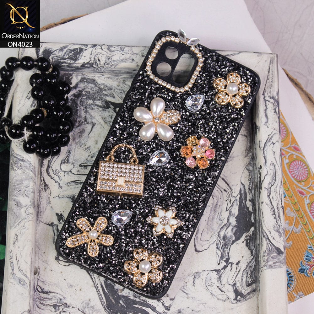 Oppo A16e Cover - Black - New Bling Bling Sparkle 3D Flowers Shiny Glitter Texture Protective Case