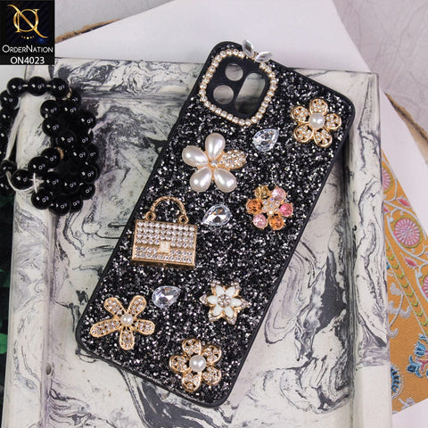 Oppo A16e Cover - Black - New Bling Bling Sparkle 3D Flowers Shiny Glitter Texture Protective Case