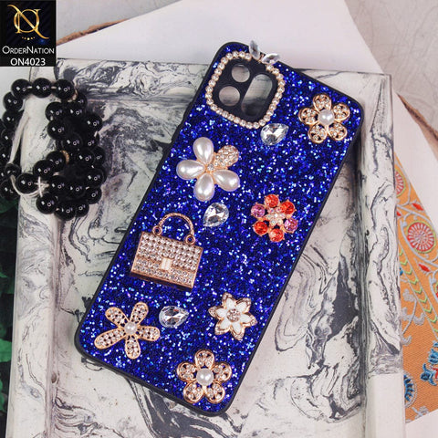 Oppo A16K Cover - Blue - New Bling Bling Sparkle 3D Flowers Shiny Glitter Texture Protective Case