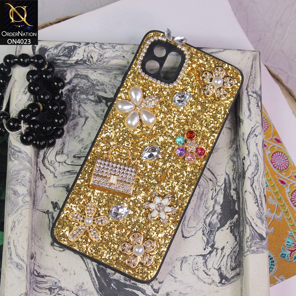 Oppo A16K Cover - Golden - New Bling Bling Sparkle 3D Flowers Shiny Glitter Texture Protective Case