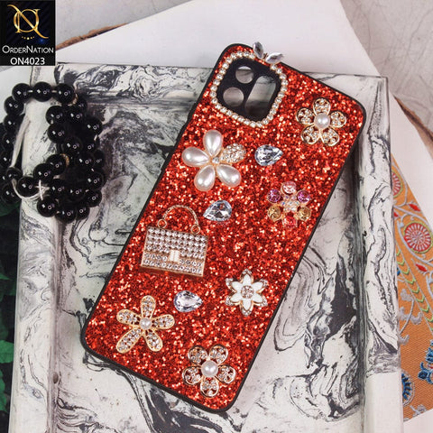 Oppo A16K Cover - Red - New Bling Bling Sparkle 3D Flowers Shiny Glitter Texture Protective Case