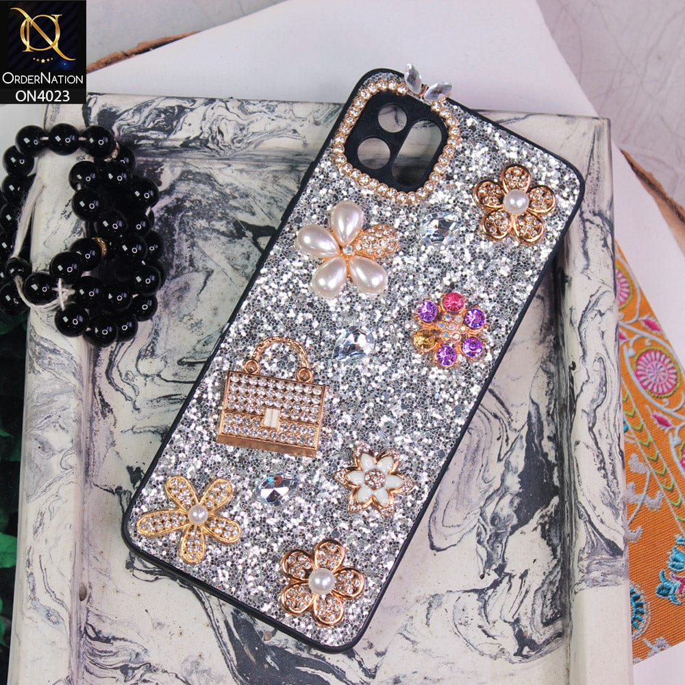 Oppo A16K Cover - Silver - New Bling Bling Sparkle 3D Flowers Shiny Glitter Texture Protective Case