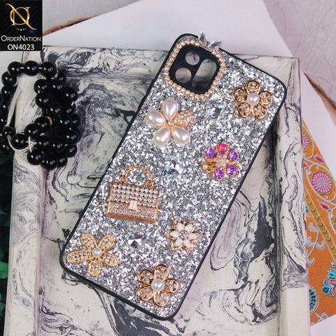 Oppo A16K Cover - Silver - New Bling Bling Sparkle 3D Flowers Shiny Glitter Texture Protective Case