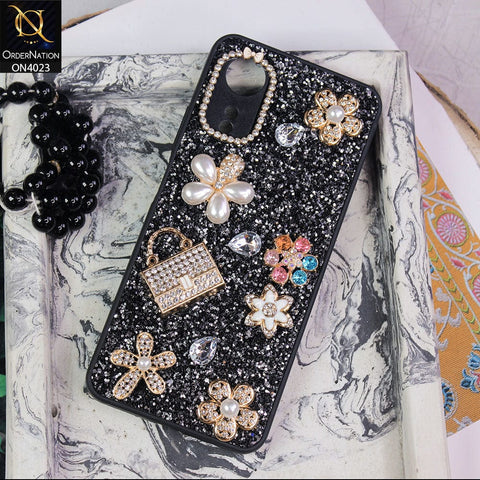 Oppo A17 Cover - Black - New Bling Bling Sparkle 3D Flowers Shiny Glitter Texture Protective Case