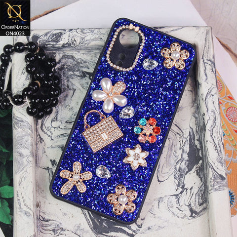 Oppo A17 Cover - Blue - New Bling Bling Sparkle 3D Flowers Shiny Glitter Texture Protective Case