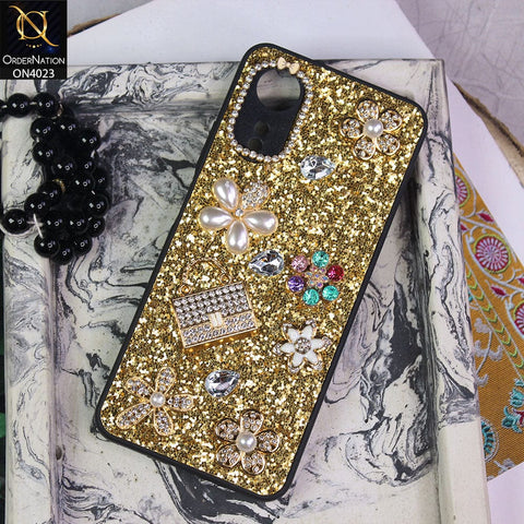 Oppo A17 Cover - Golden - New Bling Bling Sparkle 3D Flowers Shiny Glitter Texture Protective Case