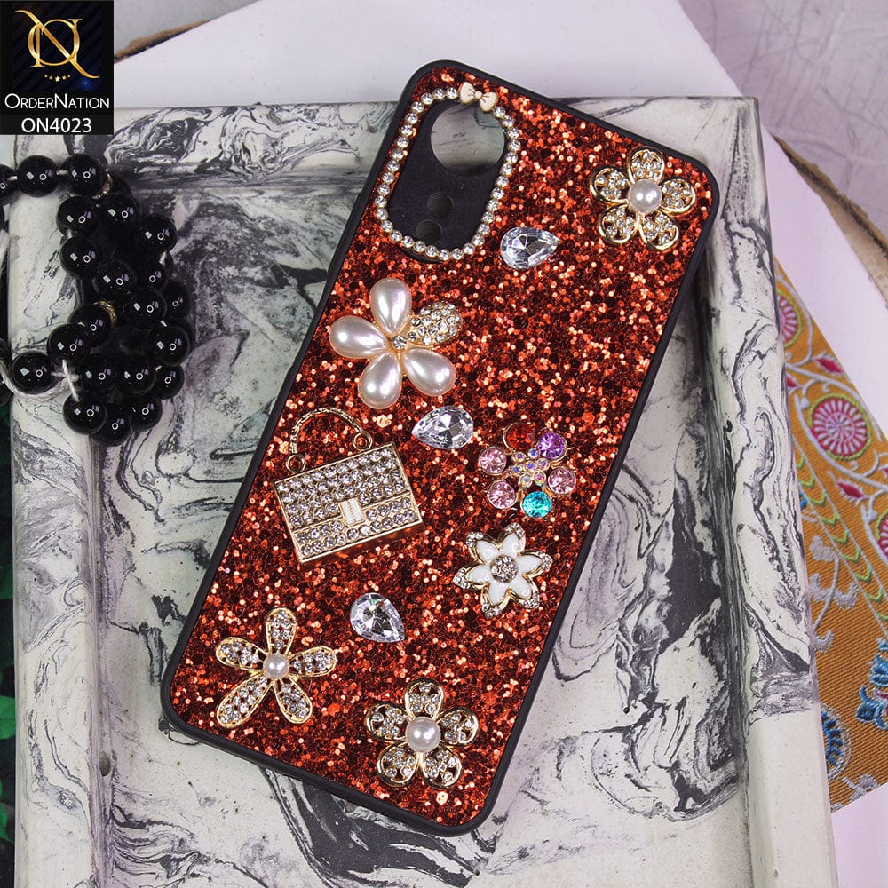 Oppo A17 Cover - Red - New Bling Bling Sparkle 3D Flowers Shiny Glitter Texture Protective Case