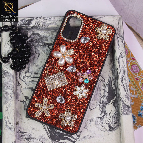 Oppo A17 Cover - Red - New Bling Bling Sparkle 3D Flowers Shiny Glitter Texture Protective Case