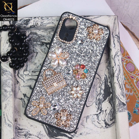 Oppo A17 Cover - Silver - New Bling Bling Sparkle 3D Flowers Shiny Glitter Texture Protective Case
