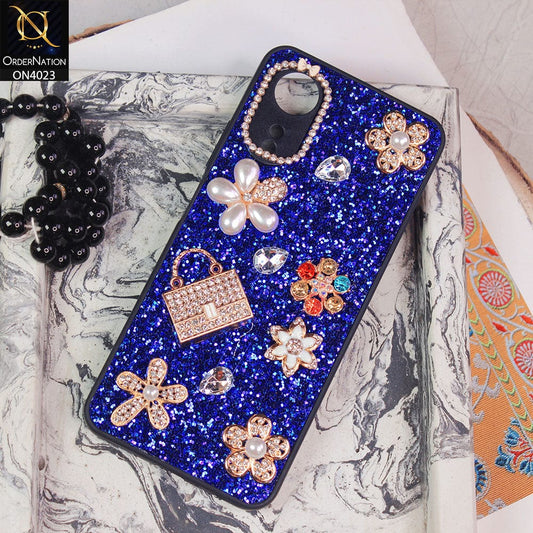 Oppo A17k Cover - Blue - New Bling Bling Sparkle 3D Flowers Shiny Glitter Texture Protective Case