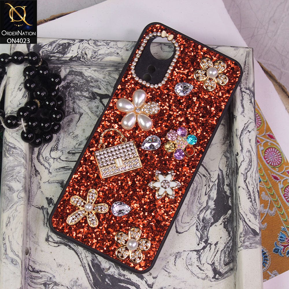Oppo A17k Cover - Red - New Bling Bling Sparkle 3D Flowers Shiny Glitter Texture Protective Case