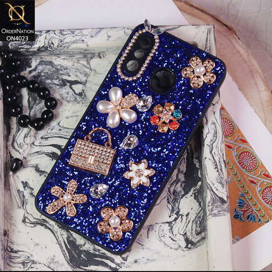 Samsung Galaxy A30 Cover - Blue - New Bling Bling Sparkle 3D Flowers Shiny Glitter Texture Protective Case
