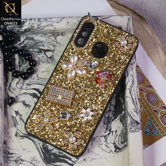 Samsung Galaxy A20 Cover - Golden - New Bling Bling Sparkle 3D Flowers Shiny Glitter Texture Protective Case