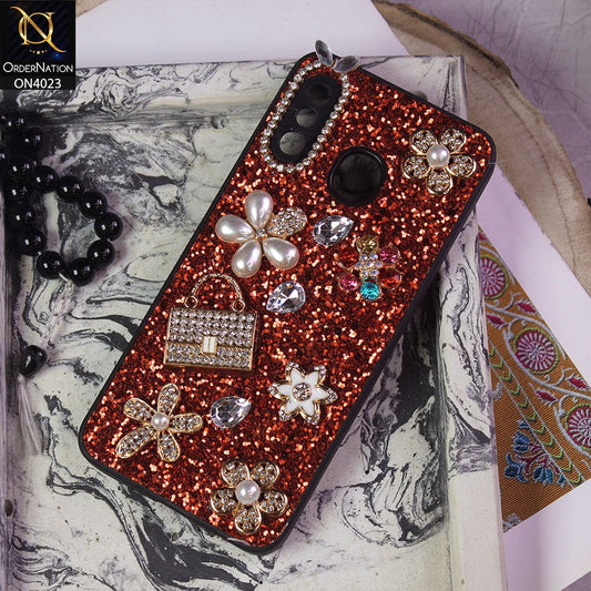 Samsung Galaxy A30 Cover - Red - New Bling Bling Sparkle 3D Flowers Shiny Glitter Texture Protective Case