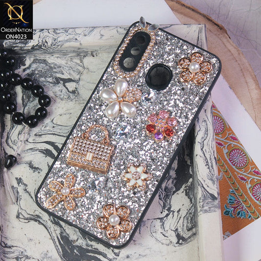Samsung Galaxy A30 Cover - Silver - New Bling Bling Sparkle 3D Flowers Shiny Glitter Texture Protective Case