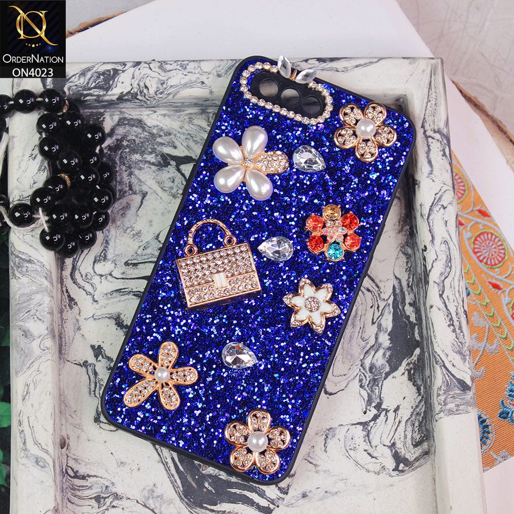 Oppo A5 Cover - Blue - New Bling Bling Sparkle 3D Flowers Shiny Glitter Texture Protective Case