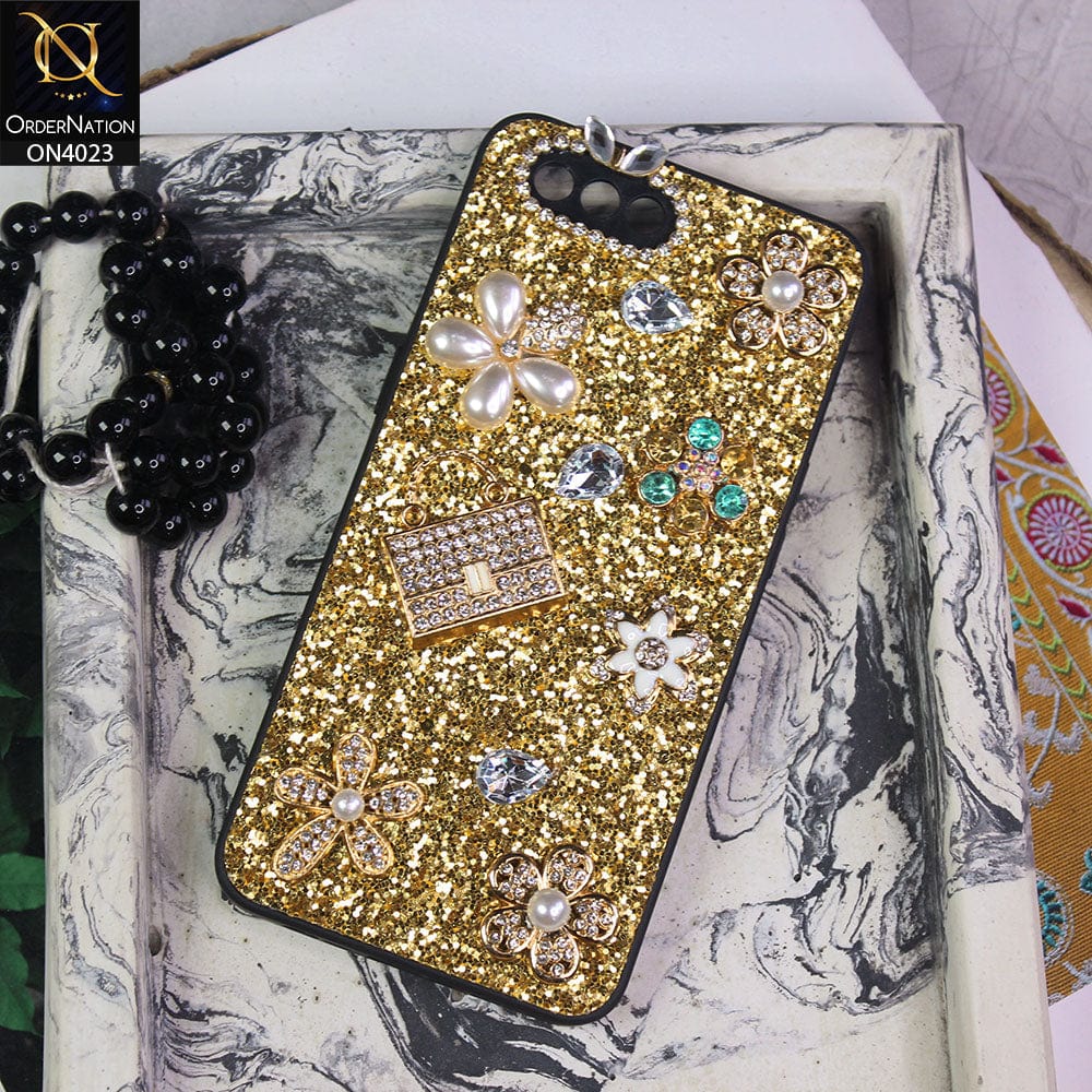 Oppo A5 Cover - Golden - New Bling Bling Sparkle 3D Flowers Shiny Glitter Texture Protective Case