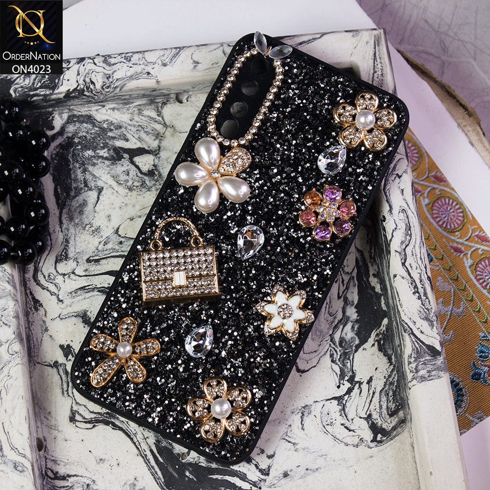 Samsung Galaxy A30s Cover - Black - New Bling Bling Sparkle 3D Flowers Shiny Glitter Texture Protective Case