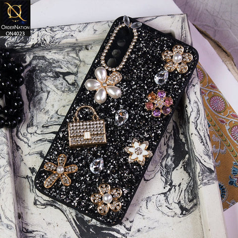 Samsung Galaxy A30s Cover - Black - New Bling Bling Sparkle 3D Flowers Shiny Glitter Texture Protective Case