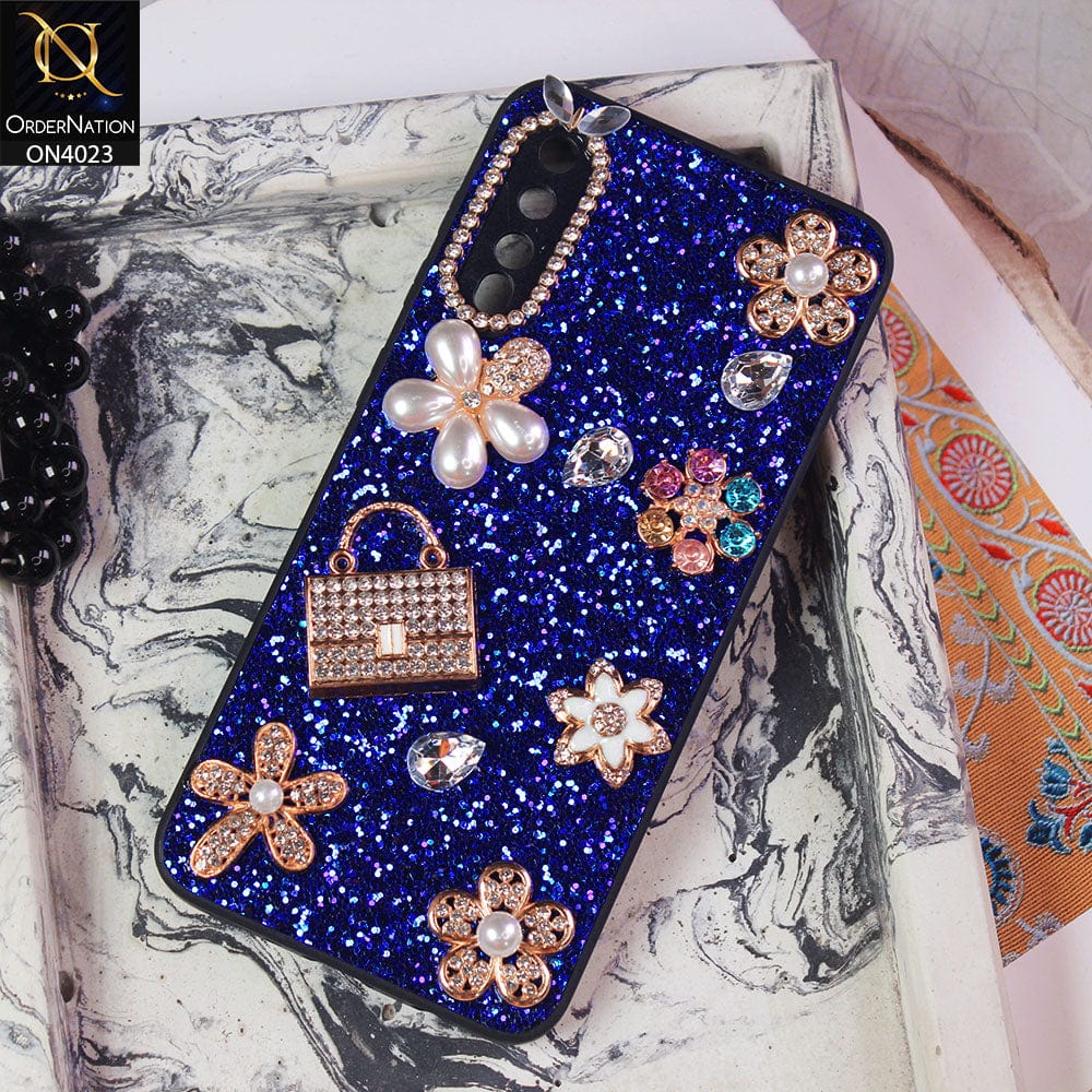 Samsung Galaxy A50s Cover - Blue - New Bling Bling Sparkle 3D Flowers Shiny Glitter Texture Protective Case