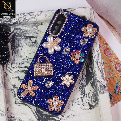 Samsung Galaxy A50 Cover - Blue - New Bling Bling Sparkle 3D Flowers Shiny Glitter Texture Protective Case