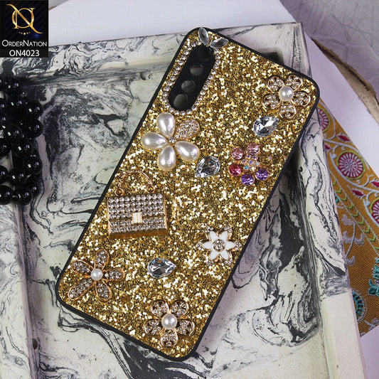 Samsung Galaxy A50 Cover - Golden - New Bling Bling Sparkle 3D Flowers Shiny Glitter Texture Protective Case