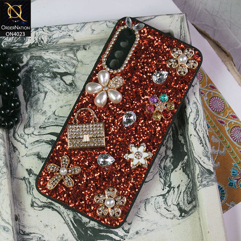 Samsung Galaxy A50 Cover - Red - New Bling Bling Sparkle 3D Flowers Shiny Glitter Texture Protective Case