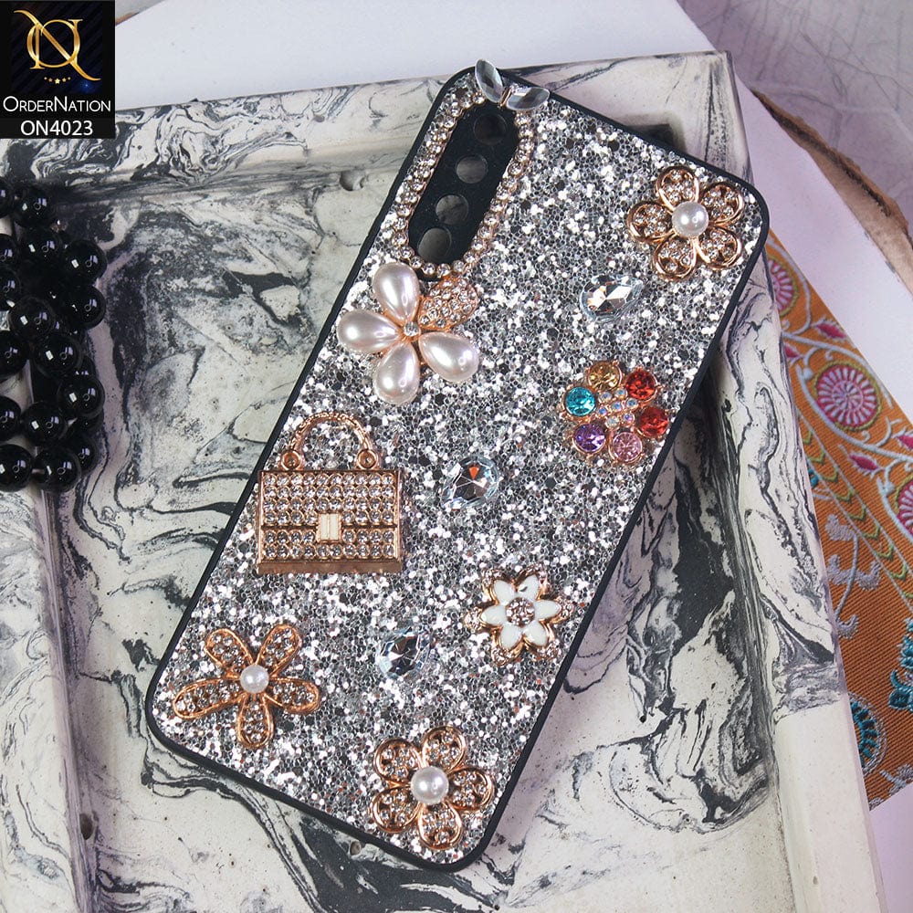 Samsung Galaxy A50s Cover - Silver - New Bling Bling Sparkle 3D Flowers Shiny Glitter Texture Protective Case