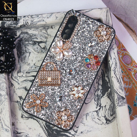 Samsung Galaxy A50s Cover - Silver - New Bling Bling Sparkle 3D Flowers Shiny Glitter Texture Protective Case