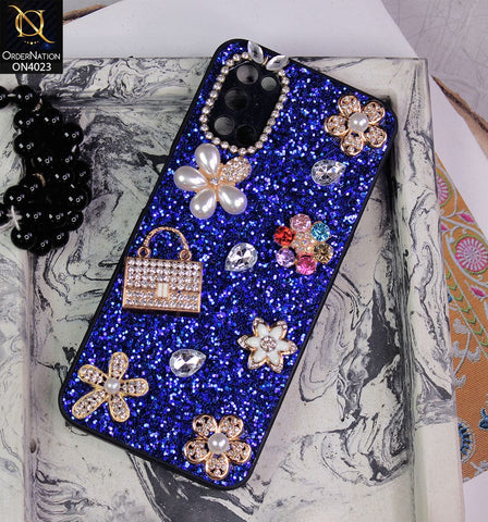 Oppo A92 Cover - Blue - New Bling Bling Sparkle 3D Flowers Shiny Glitter Texture Protective Case