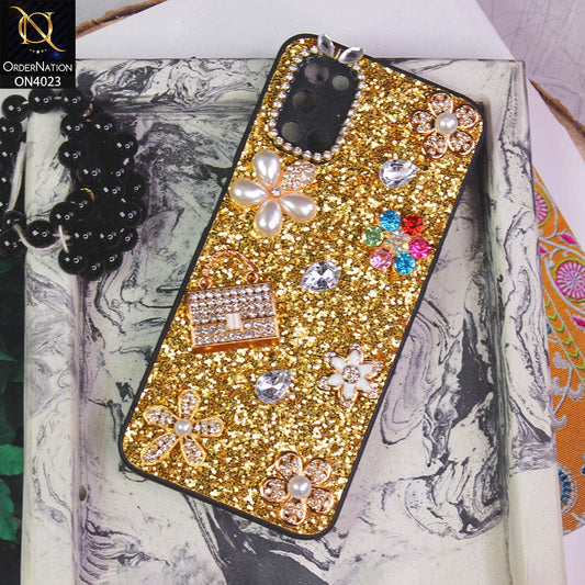 Oppo A72 Cover - Golden - New Bling Bling Sparkle 3D Flowers Shiny Glitter Texture Protective Case