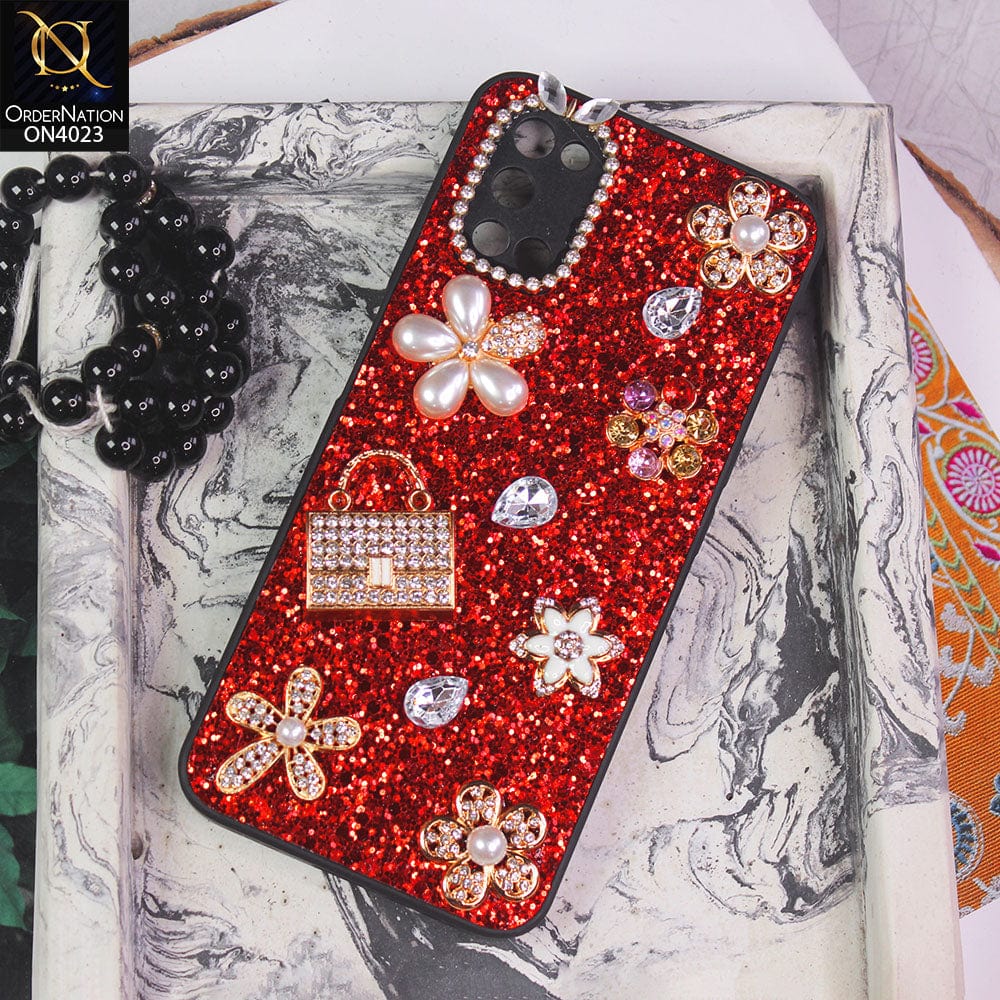 Oppo A92 Cover - Red - New Bling Bling Sparkle 3D Flowers Shiny Glitter Texture Protective Case