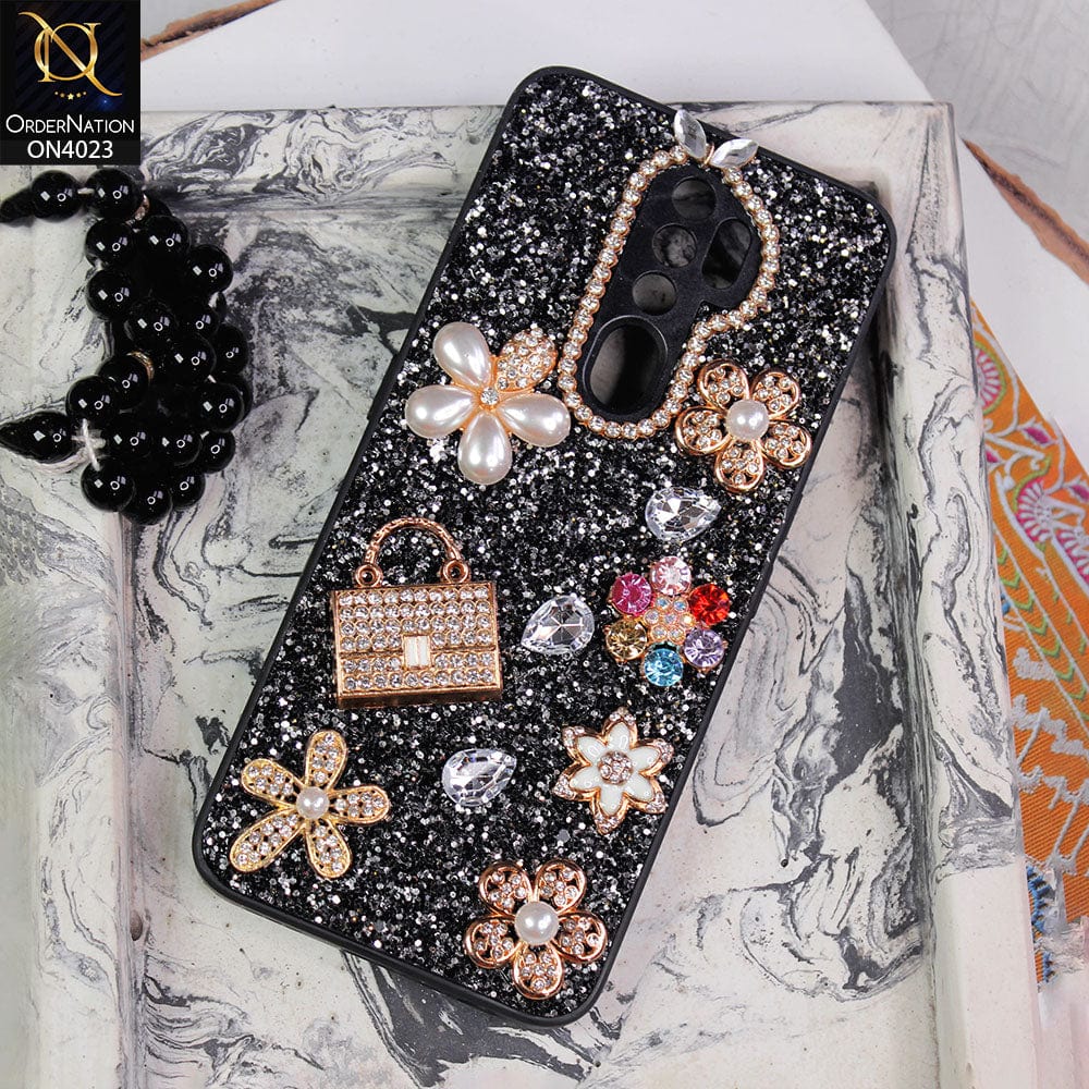 Oppo A9 2020 Cover - Black - New Bling Bling Sparkle 3D Flowers Shiny Glitter Texture Protective Case