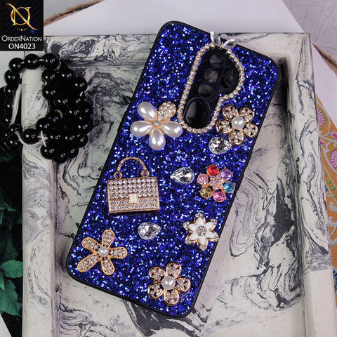 Oppo A9 2020 Cover - Blue - New Bling Bling Sparkle 3D Flowers Shiny Glitter Texture Protective Case