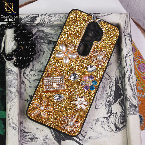 Oppo A5 2020 Cover - Golden - New Bling Bling Sparkle 3D Flowers Shiny Glitter Texture Protective Case