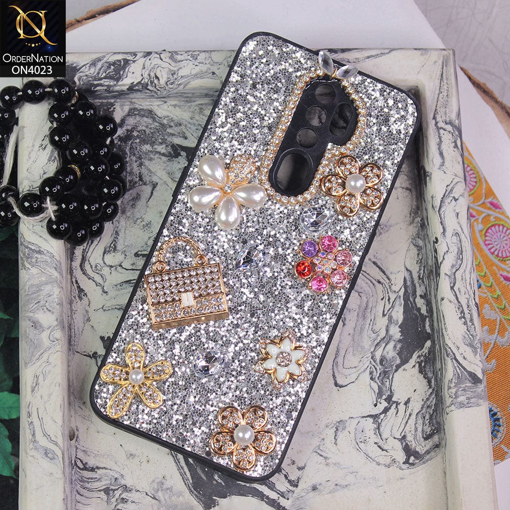 Oppo A5 2020 Cover - Silver - New Bling Bling Sparkle 3D Flowers Shiny Glitter Texture Protective Case