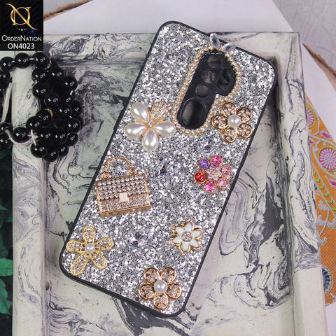 Oppo A5 2020 Cover - Silver - New Bling Bling Sparkle 3D Flowers Shiny Glitter Texture Protective Case