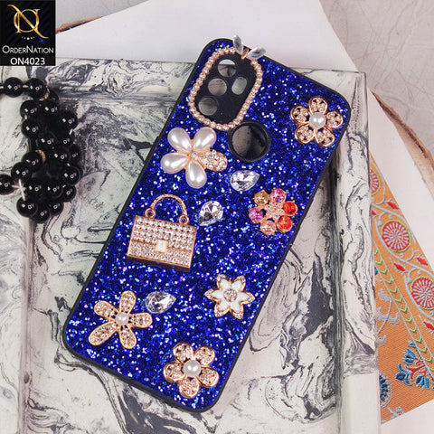 Oppo A53 Cover - Blue - New Bling Bling Sparkle 3D Flowers Shiny Glitter Texture Protective Case