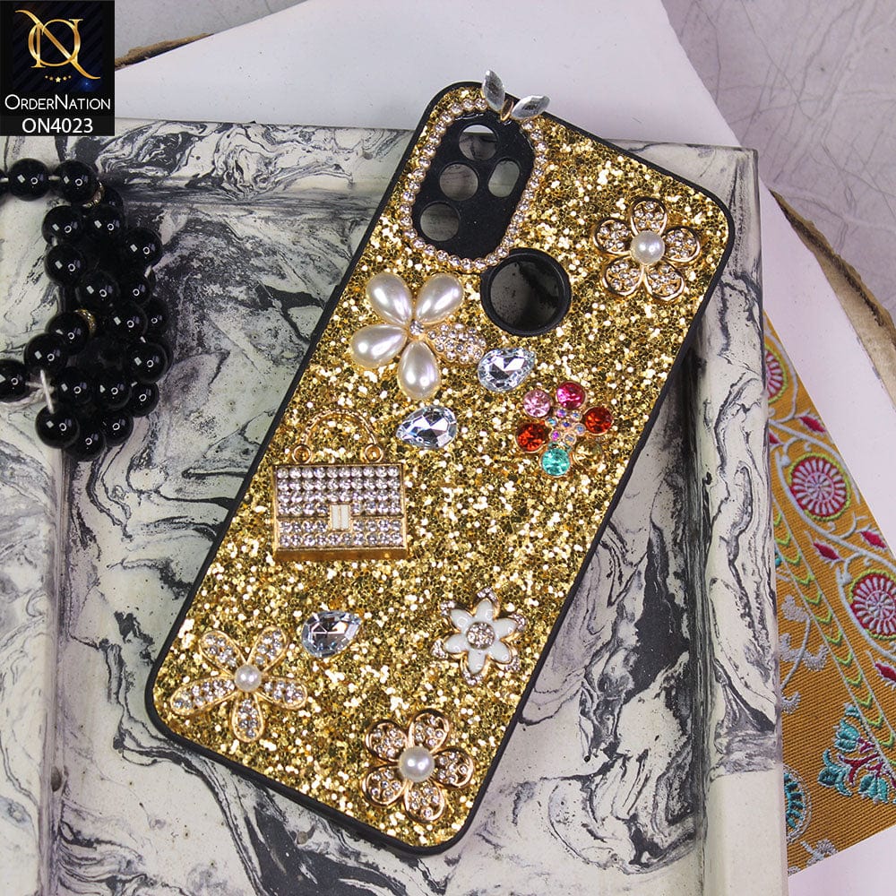 Oppo A53s Cover - Golden - New Bling Bling Sparkle 3D Flowers Shiny Glitter Texture Protective Case